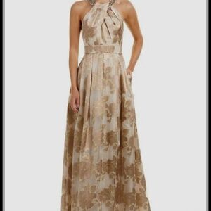 Eliza J Champagne Gold Floral Halter Maxi Gown